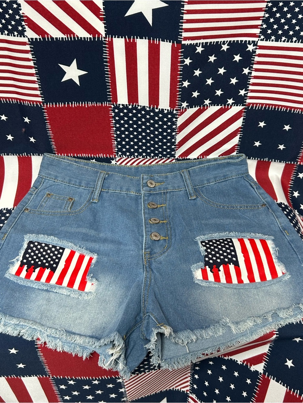 High-Rise Distressed Denim Jean Shorts with American Flag Patch - Blue